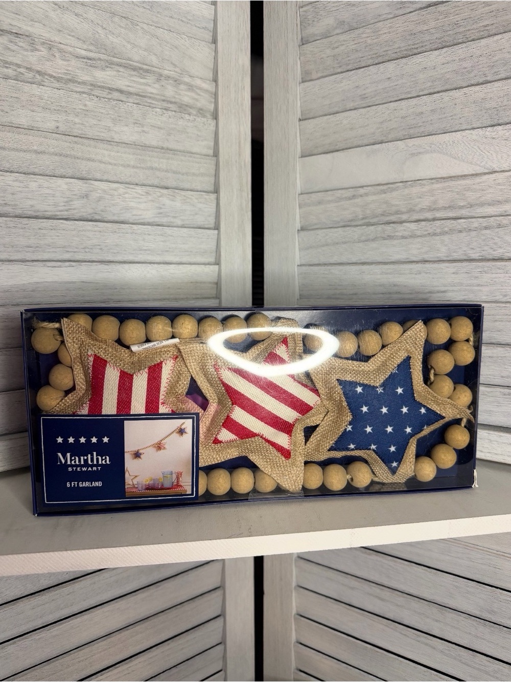 Martha Stewart Red, White & Blue Star Garland with Natural Wood Beads